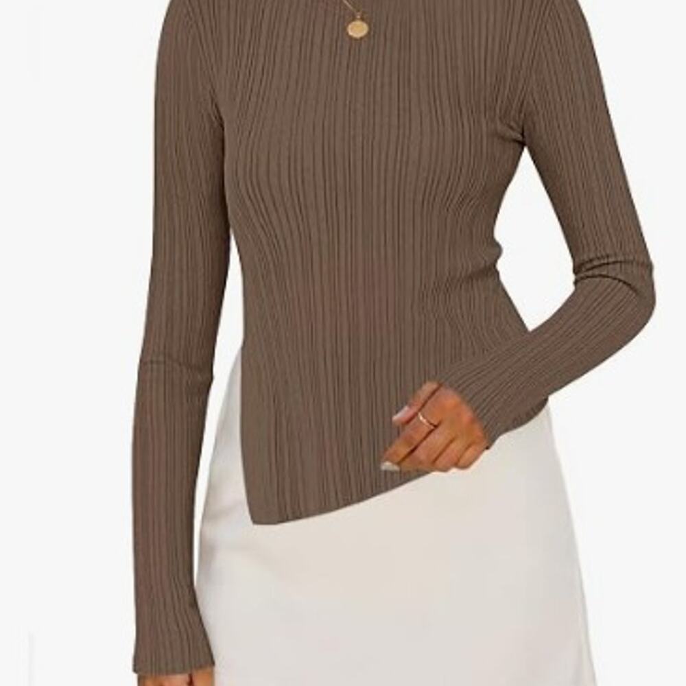 MEROKEETY Asymmetrical Ribbed Boat Neck Sweater Coffee Brown Long Sleeve NWT M